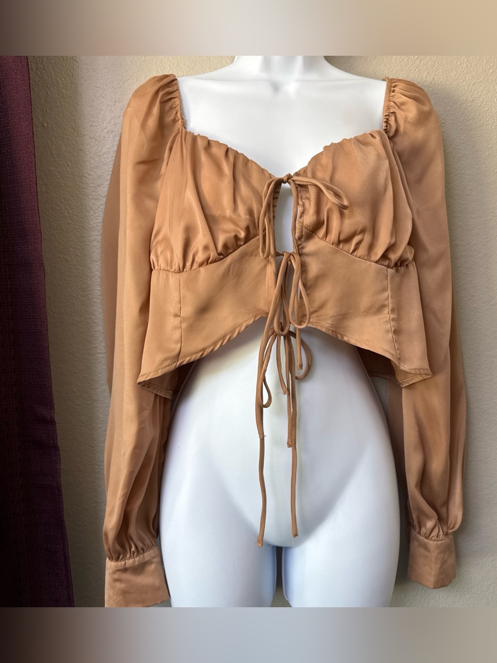 Women's Long Sleeve Tie Front Satin Crop Top Blouse